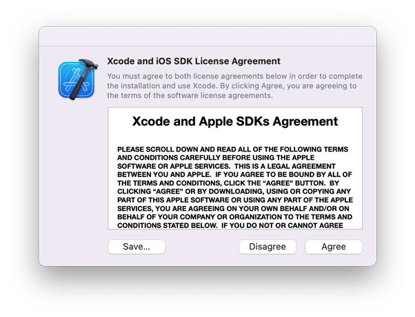 Xcode and iOS SDK License Agreement dialog