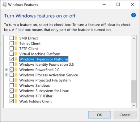 Turn Windows features on or off dialog