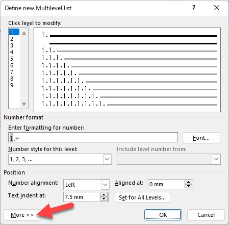 Define new Multilevel List dialog