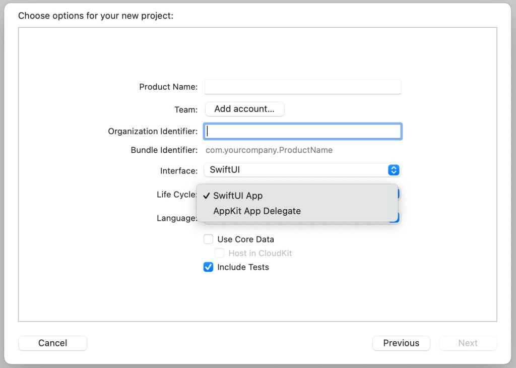 New project option of Xcode 12
