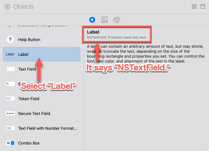It can be seen that the class of "Label" is "NSTextField"