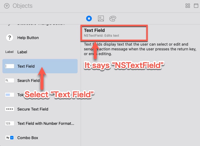 The class of "Text Field" is "NSTextField"