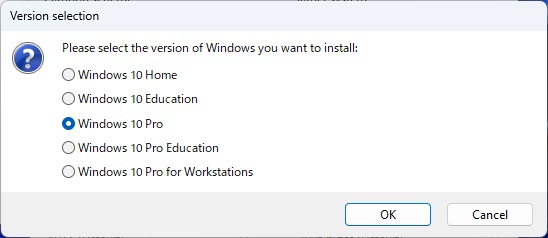 Select the version of windows to install