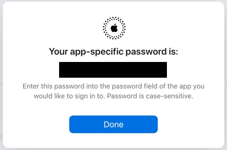 The app-specific password is generated.
